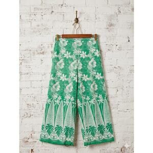 Green Tropical Floral Linen Blend Wide Leg Pants Coastal Palm Leaf resort Xs